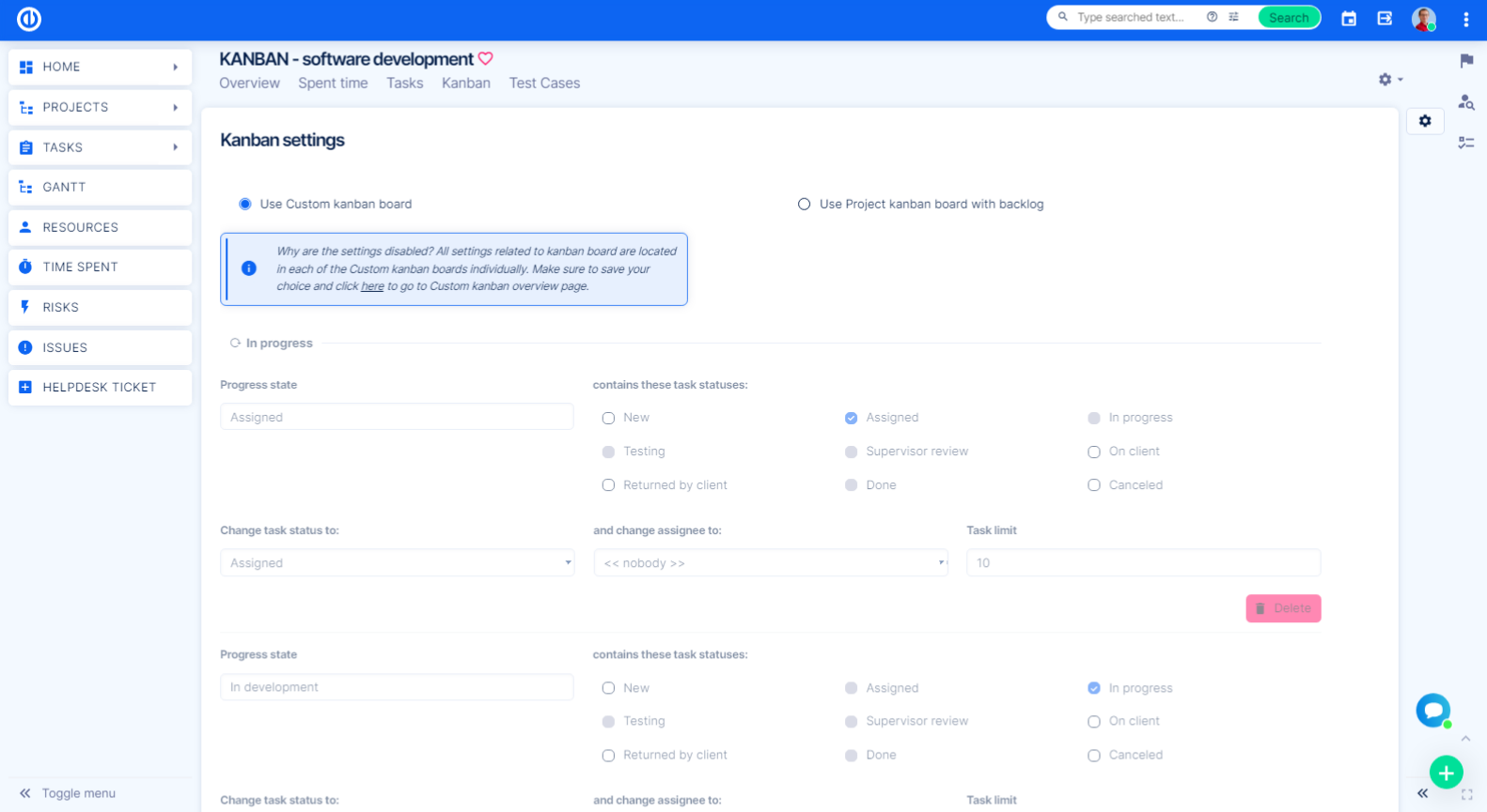 Multikanban settings screen.