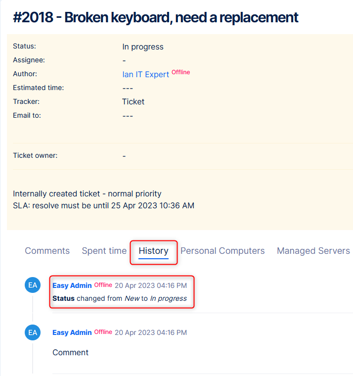 A broken keyboard ticket overview.