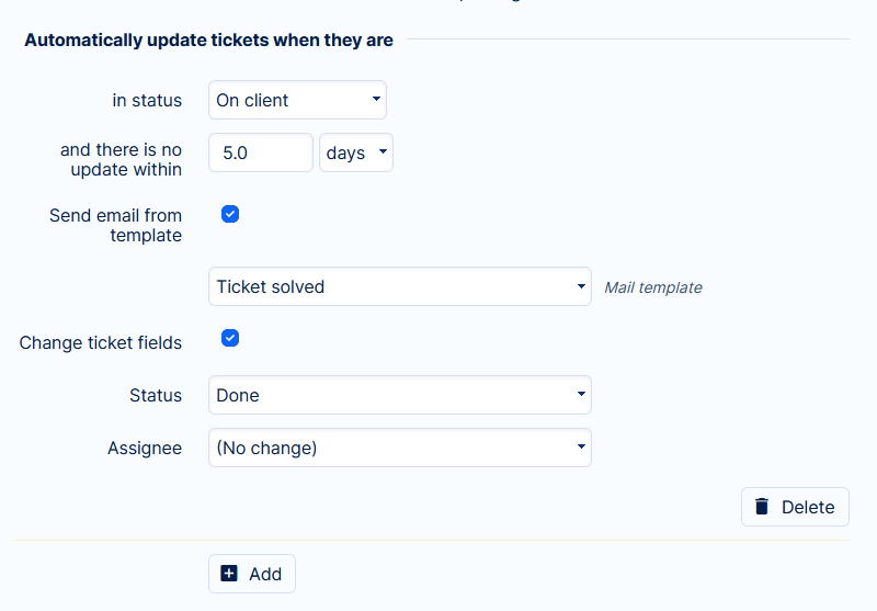 Pop-up indstillingsmenu til automatisk håndtering af billetter.