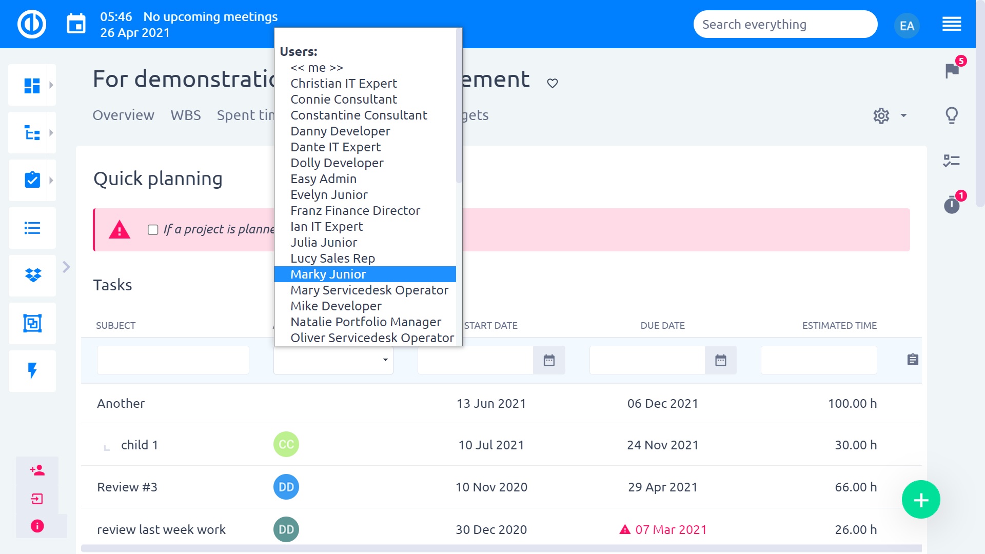 project management features of